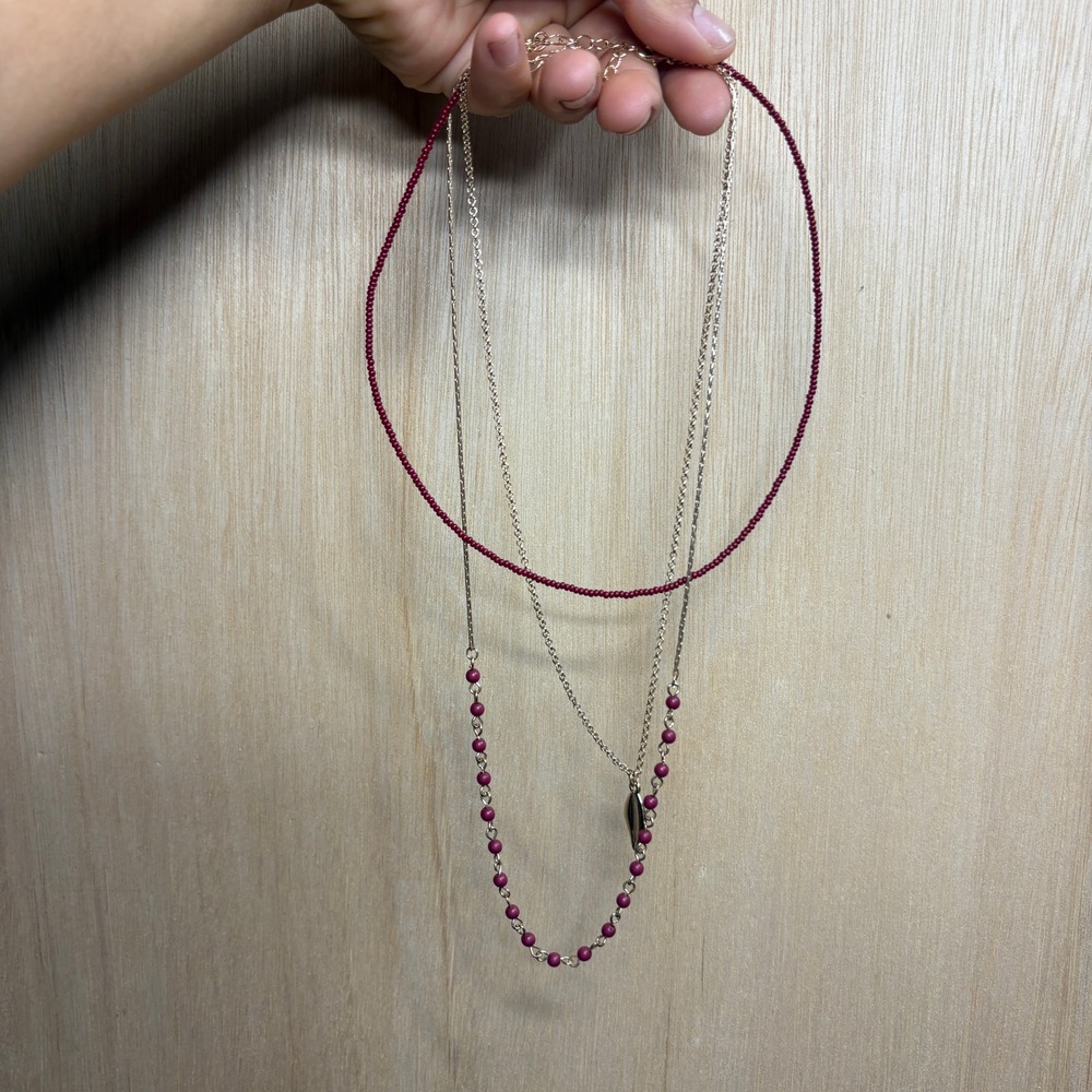Layered Multi Strand Necklace Silver Tone Burgundy Seed Bead Leaf Pendant Boho